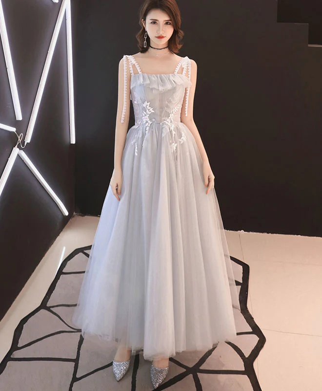 Gray Tulle Tea Length Prom Dress, Gray Tulle Evening Dress