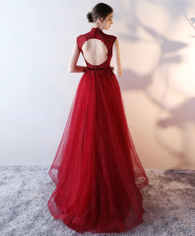 Burgundy Lace Tulle Long Prom Dress, Burgundy Evening Dress
