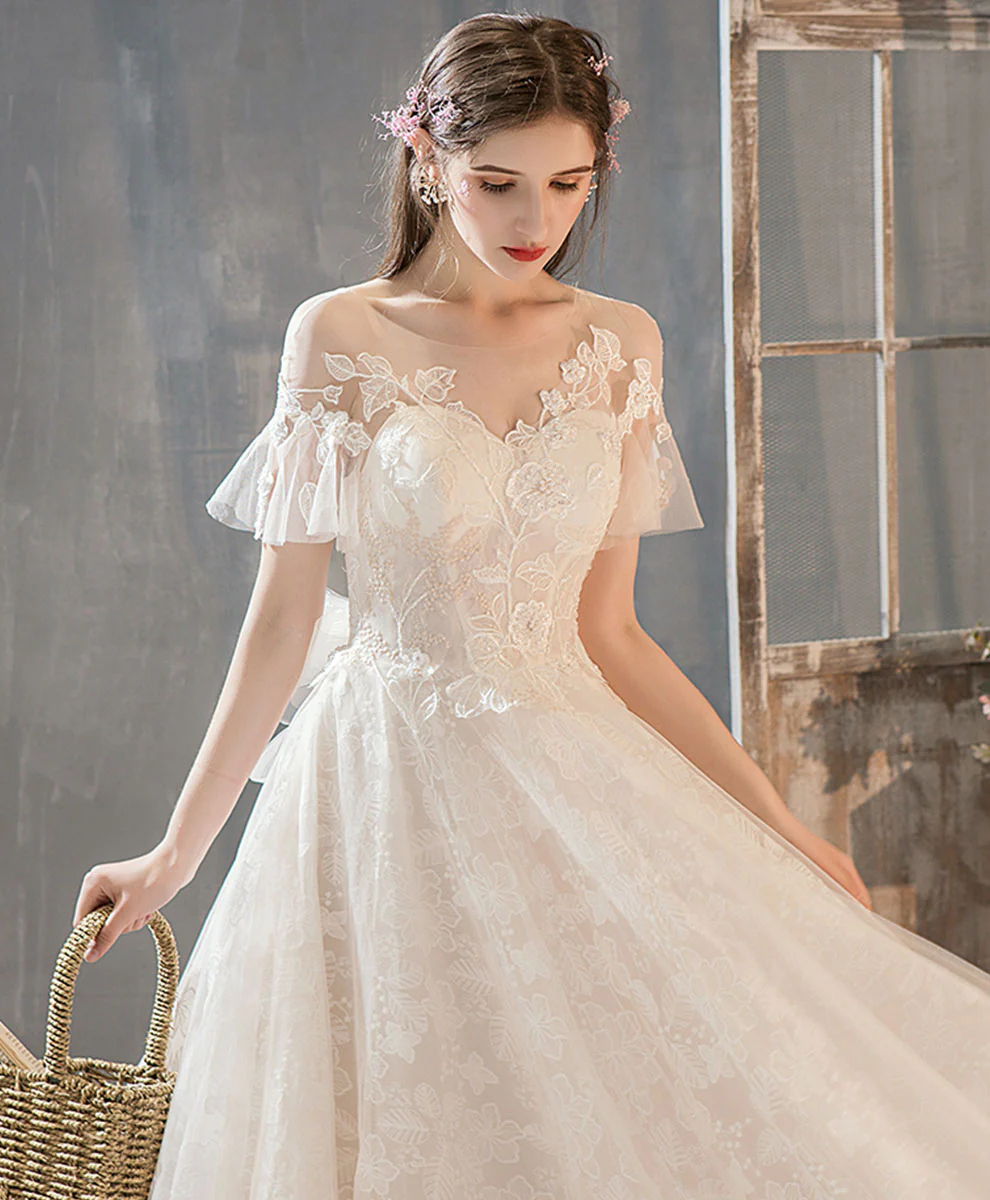 Light Champagne Tulle Lace Long Wedding Dress, Lace Bridal Dress
