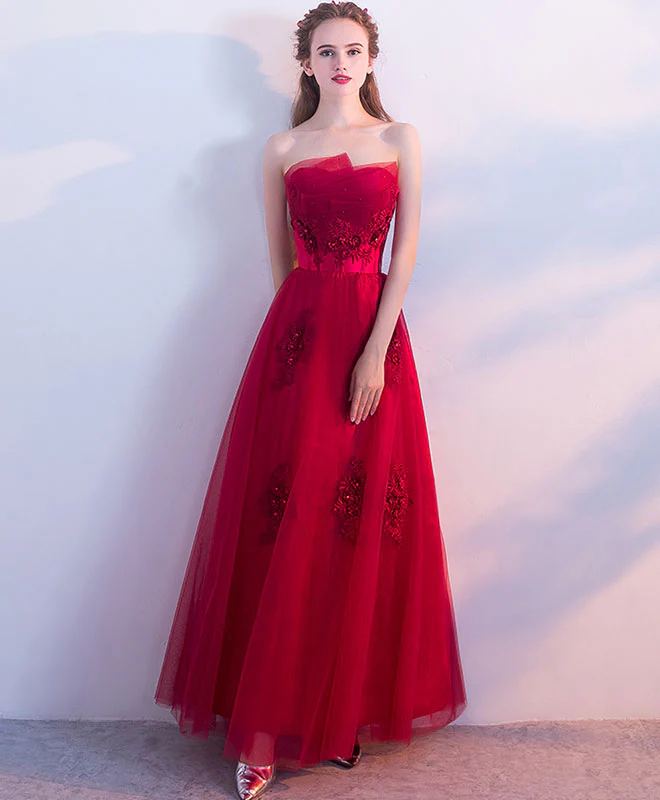 Burgundy Tulle Lace Long Prom Dress, Burgundy Tulle Evening Dress