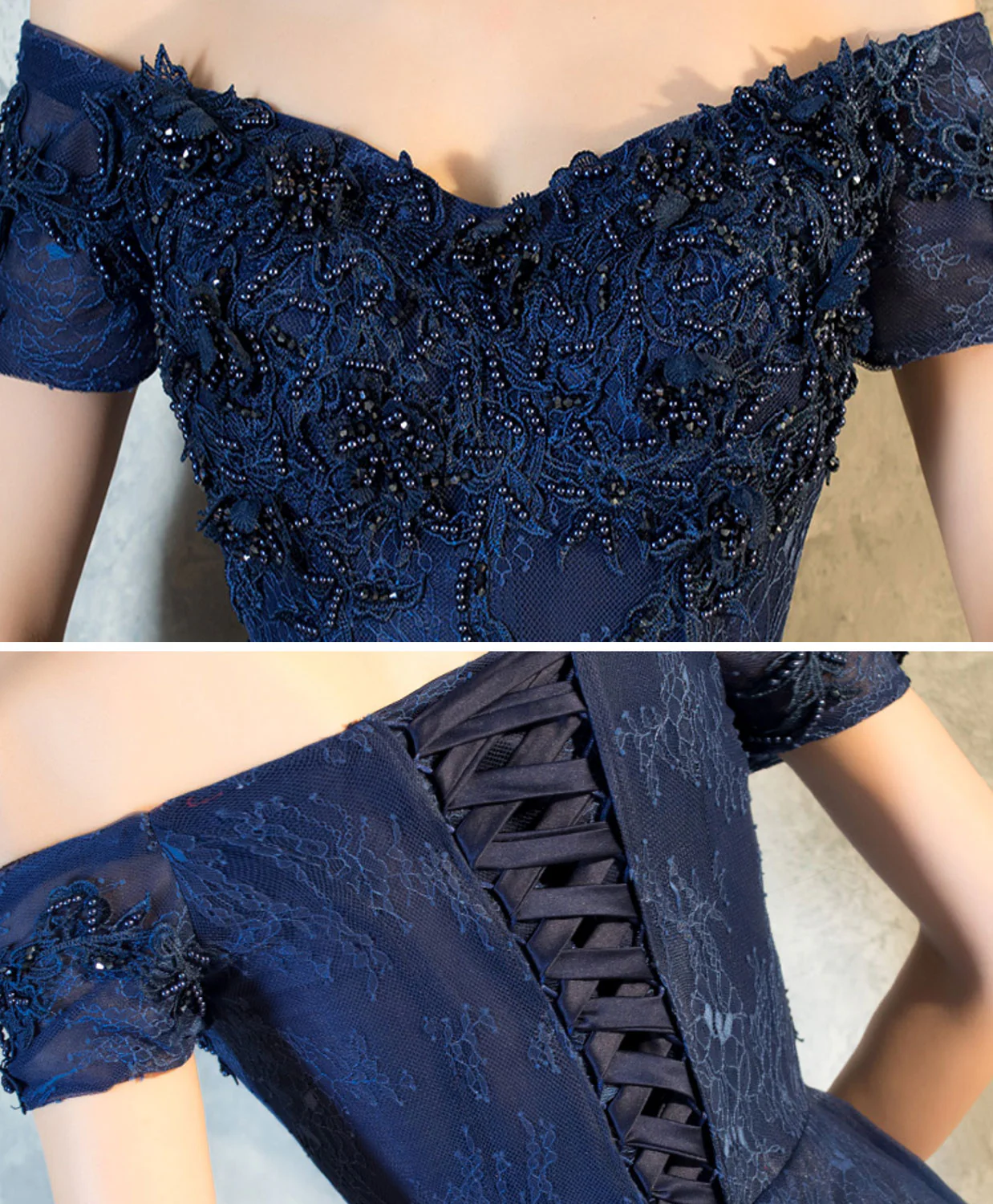 Blue Lace Off Shoulder Long Prom Dress, Blue Evening Dress