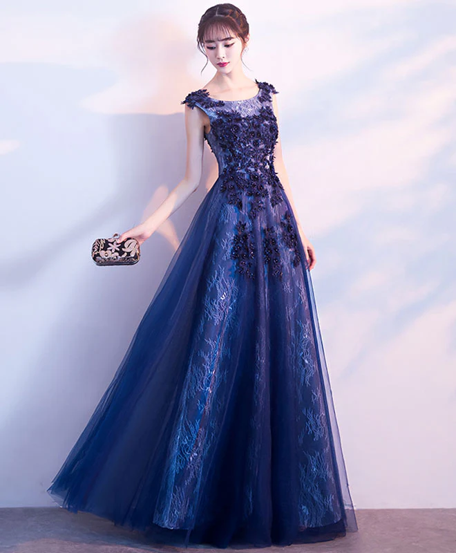 Dark Blue Lace Long Prom Dress, Lace Evening Dress