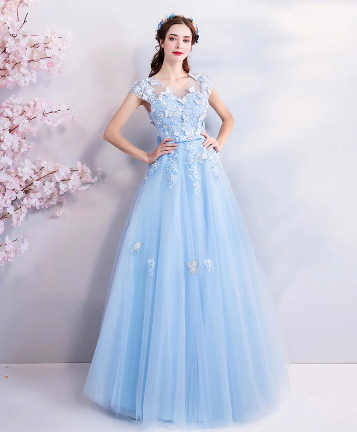 Sky Blue Lace Tulle Long Prom Dress, Blue Evening Dress