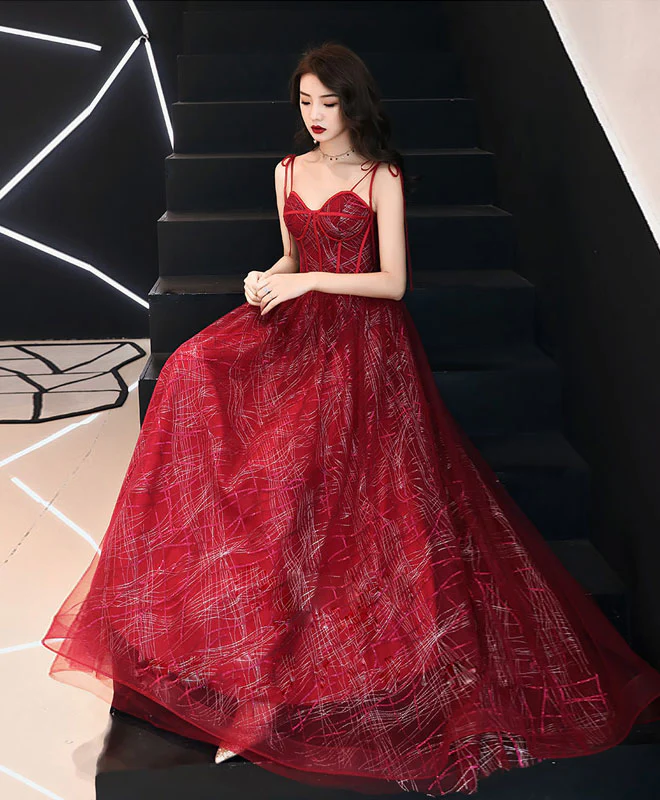 Unique Sweetheart Tulle Long Prom Dress, Burgundy Tulle Evening Dress