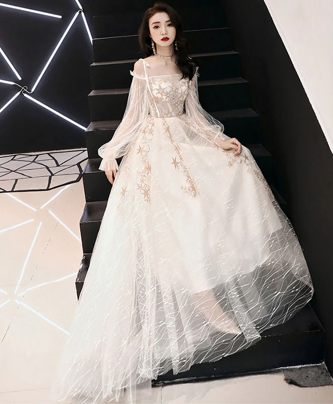 Unique Tulle Lace Long Prom Dress, Tulle Lace Evening Dress