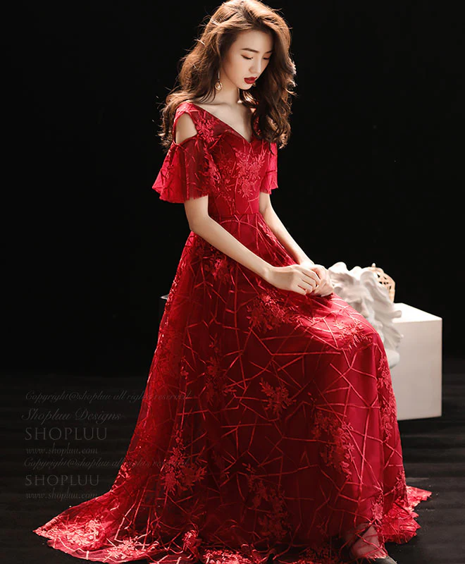 Burgundy V Neck Lace Long Prom Dress, Burgundy Evening Dress