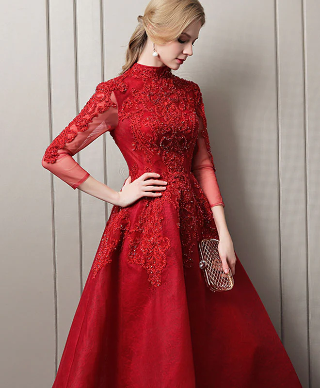 Burgundy Lace Long Prom Dress, Burgundy Evening Dress