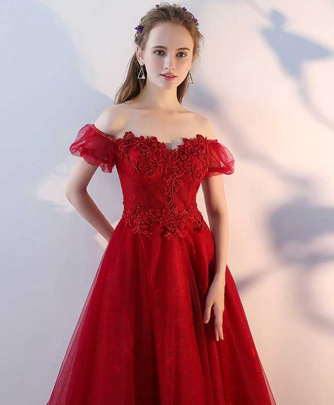 Burgundy Tulle Lace Long Prom Dress, Burgundy Lace Evening Dress