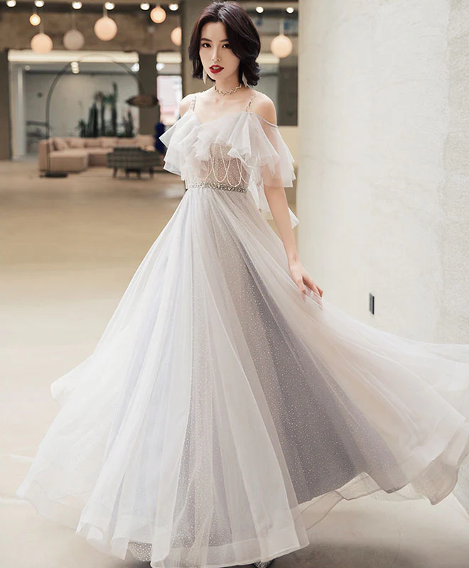 Elegant Off Shoulder Tulle Long Prom Dress, Tulle Evening Dress