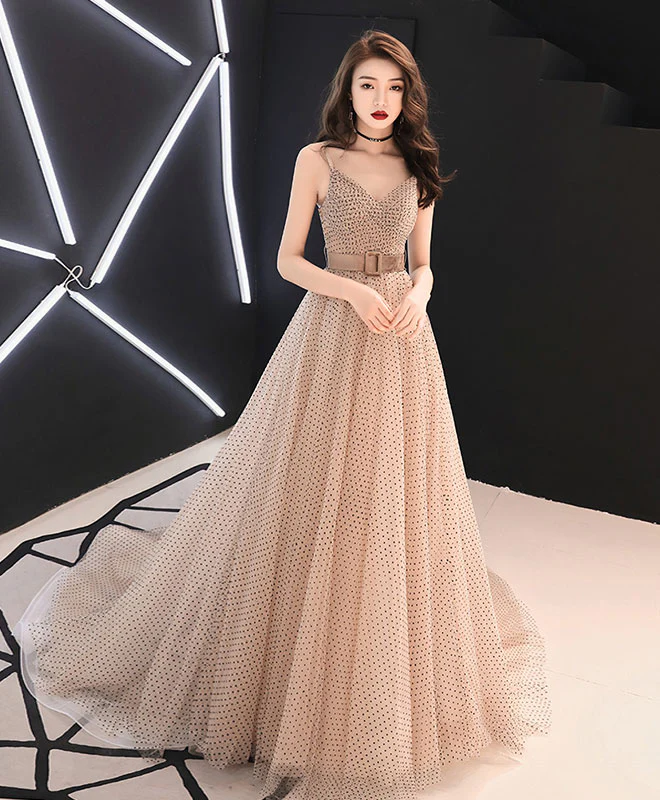 Champagne Sweetheart Tulle Long Prom Dress, Champagne Tulle Evening Dress
