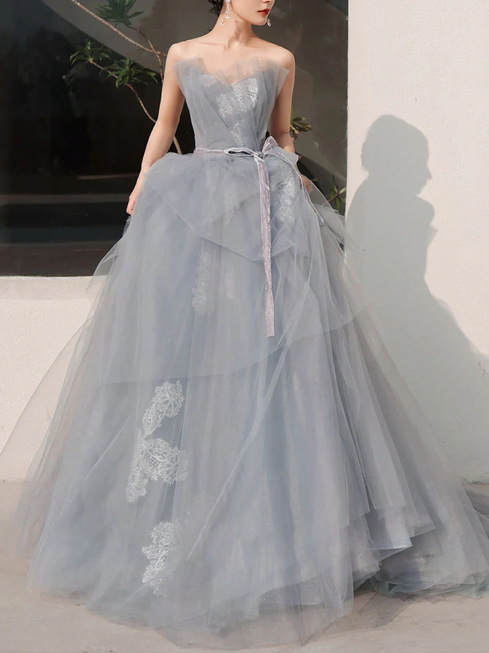 Gray Tulle Lace Long Prom Dress, Tulle Lace Evening Dress