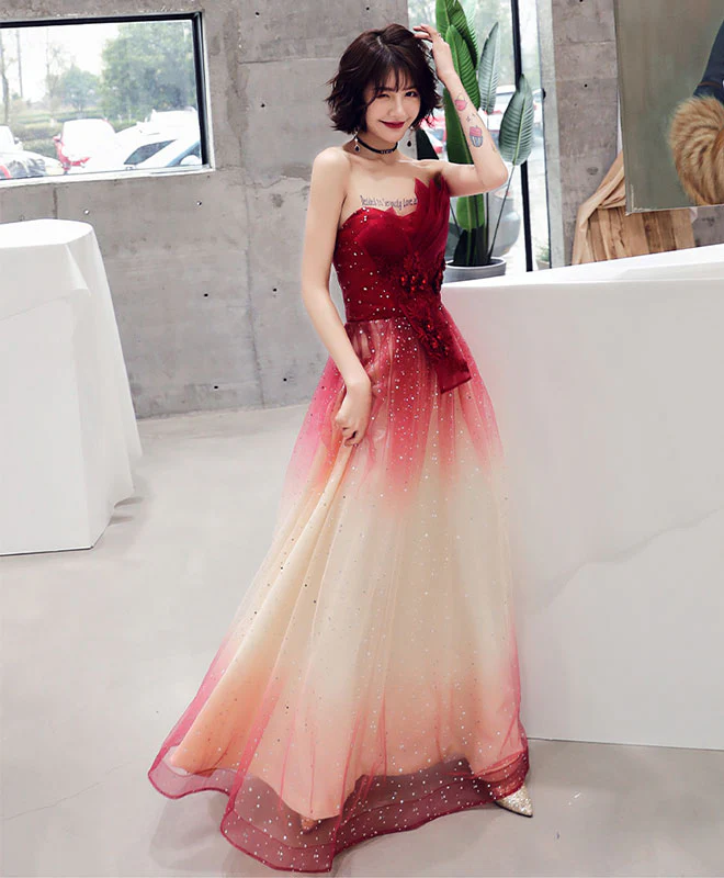 Burgundy Tulle Sequin Long Prom Dress, Tulle Evening Dress
