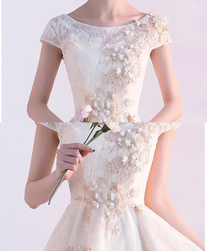 Champagne A-Line Tulle Lace Short Prom Dresses, Champagne Homecoming Dresses