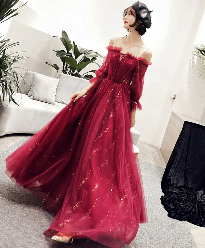 Dark Red Tulle Lace Long Prom Dress, Dark Red Evening Dress