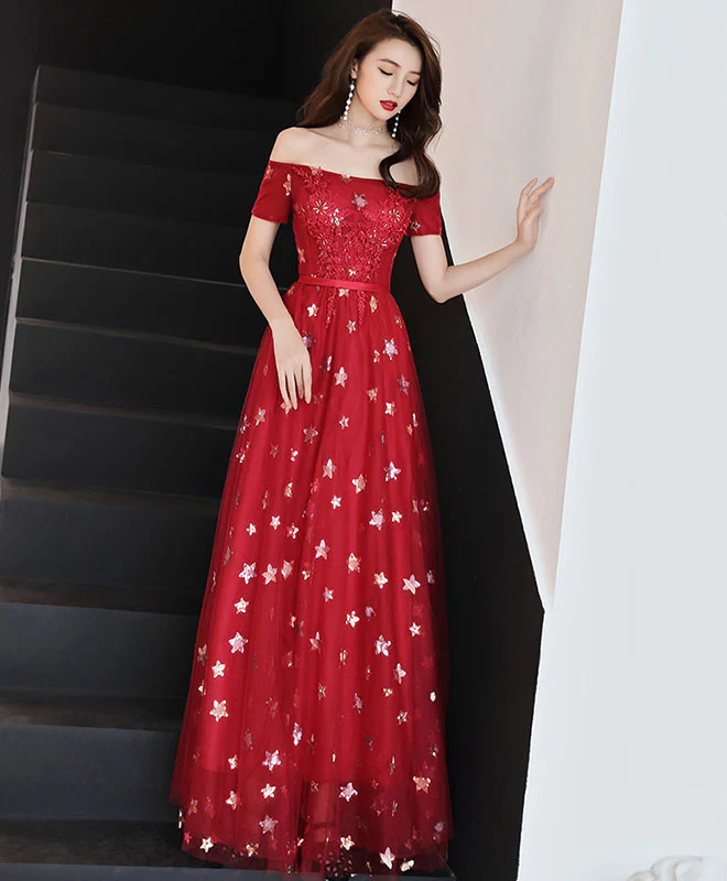 Burgundy Off Shoulder Tulle Long Prom Dress, Burgundy Evening Dress