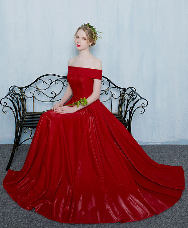 Burgundy Off Shoulder Long Prom Gown, Formal Dress