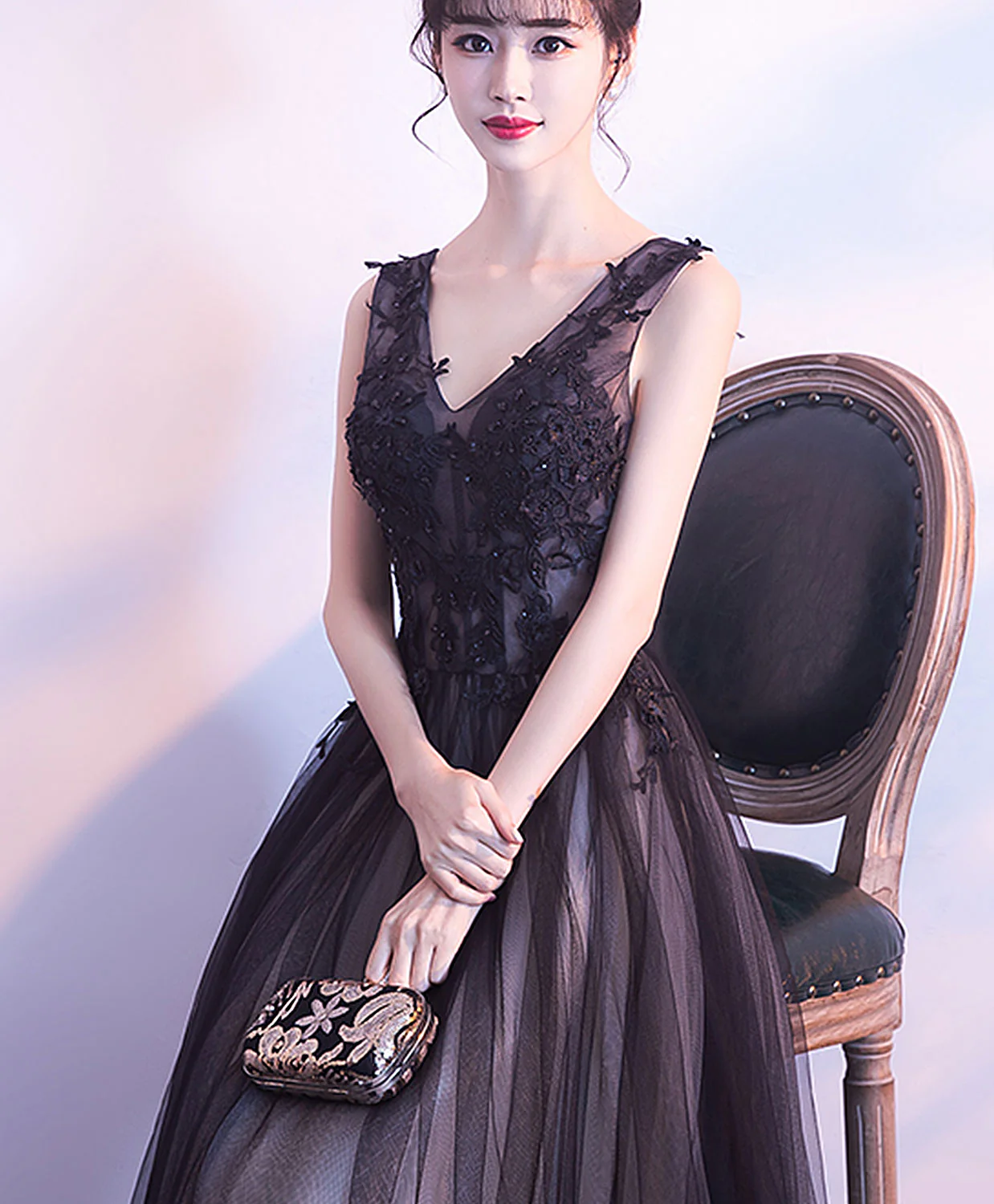 Black V Neck Tulle Lace Applique Long Prom Dress, Black Lace Bridesmaid Dress