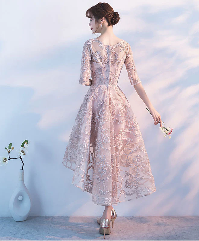Champagne 1/2 Sleeve High Low Short Prom Dress, Homecoming Dress