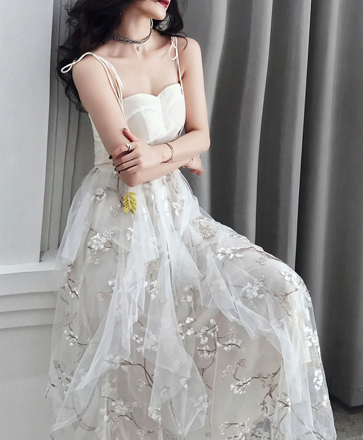 White Tulle Lace Long Prom Dress, White A-Line Lace Graduation Dresses