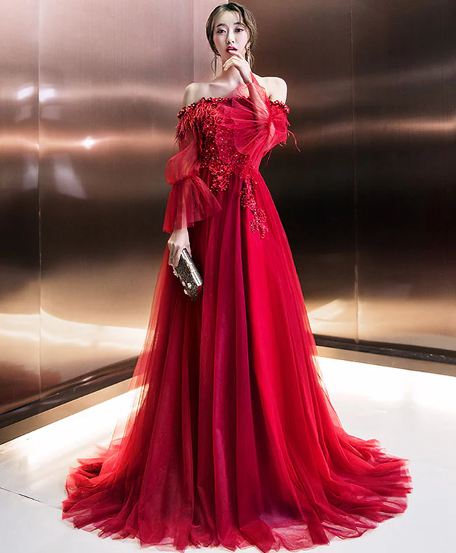 Burgundy Tulle Long Prom Dress, Burgundy Tulle Formal Dress