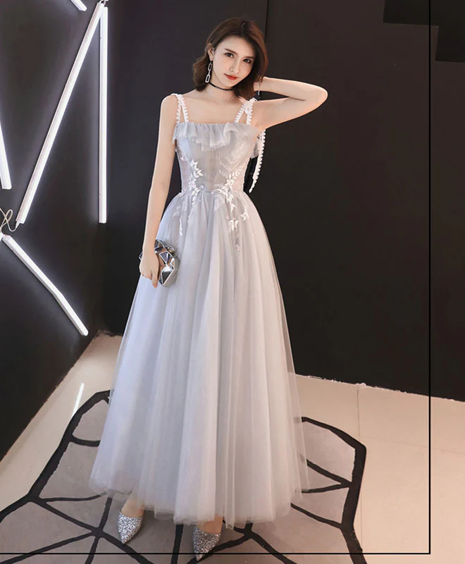 Gray Tulle Tea Length Prom Dress, Gray Tulle Evening Dress