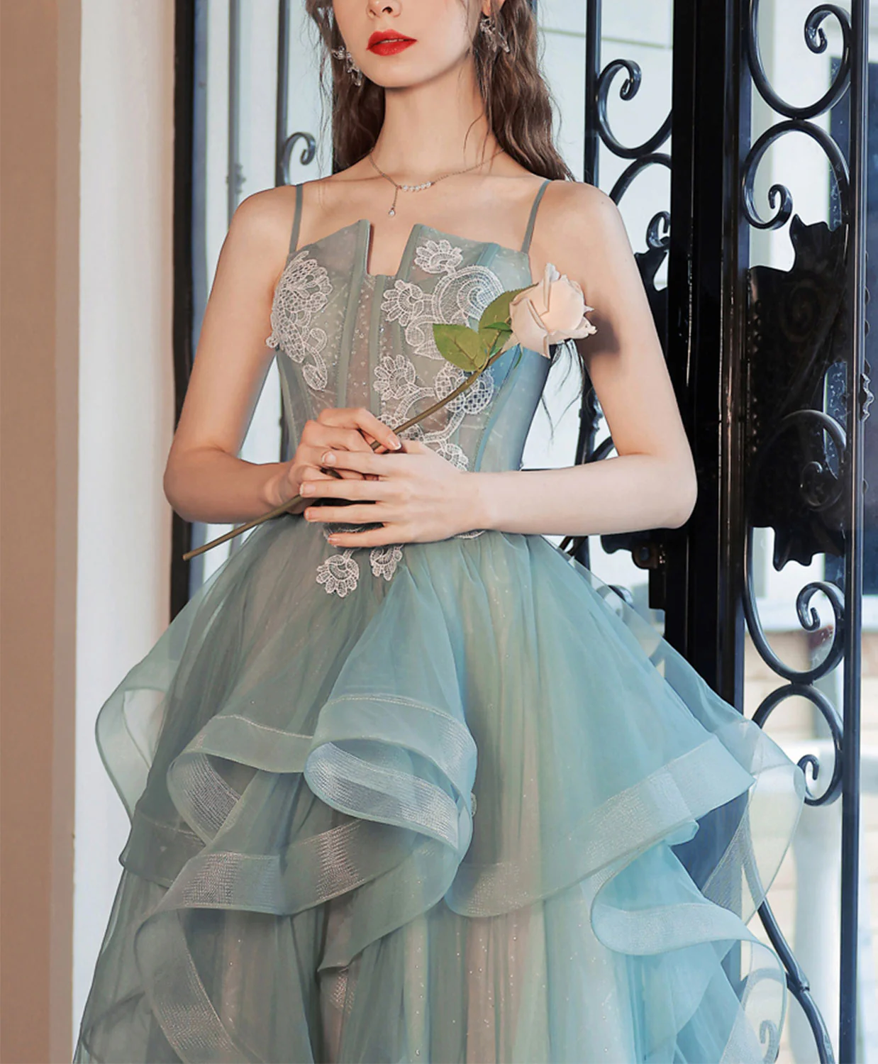 Gray Green Tulle Lace Long Prom Dress, Gray Green Tulle Lace Evening Dress
