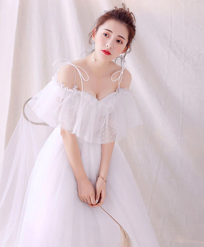 White Tulle Long Prom Dress, White Tulle Lace Evening Dress