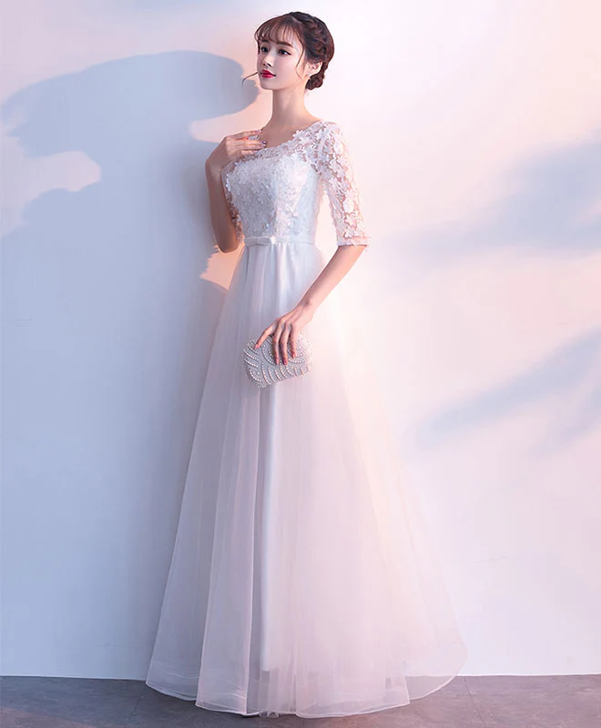 White Tulle Lace Long Prom Dress, White Tulle Lace Evening Dress