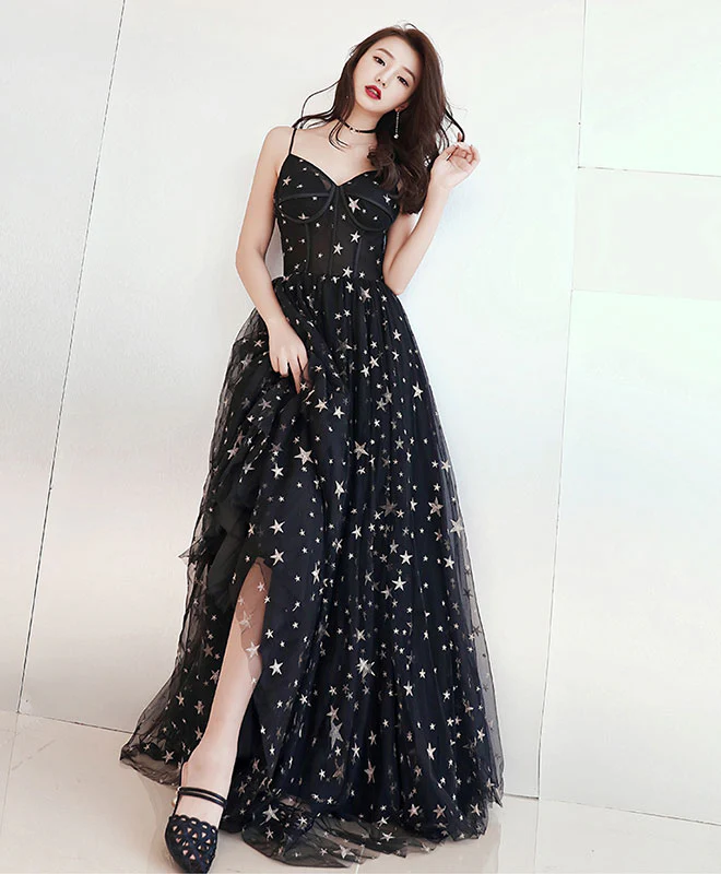 Black V Neck Tulle Long Prom Dress, Black Evening Dress