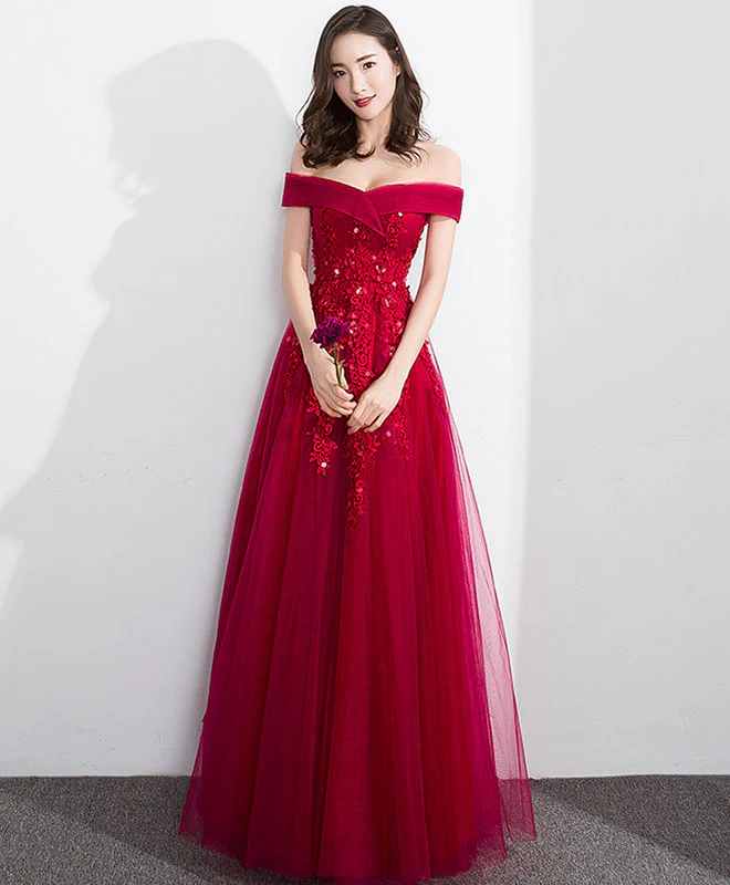 Burgundy Off Shoulder Tulle Lace Long Prom Dress, Evening Dress