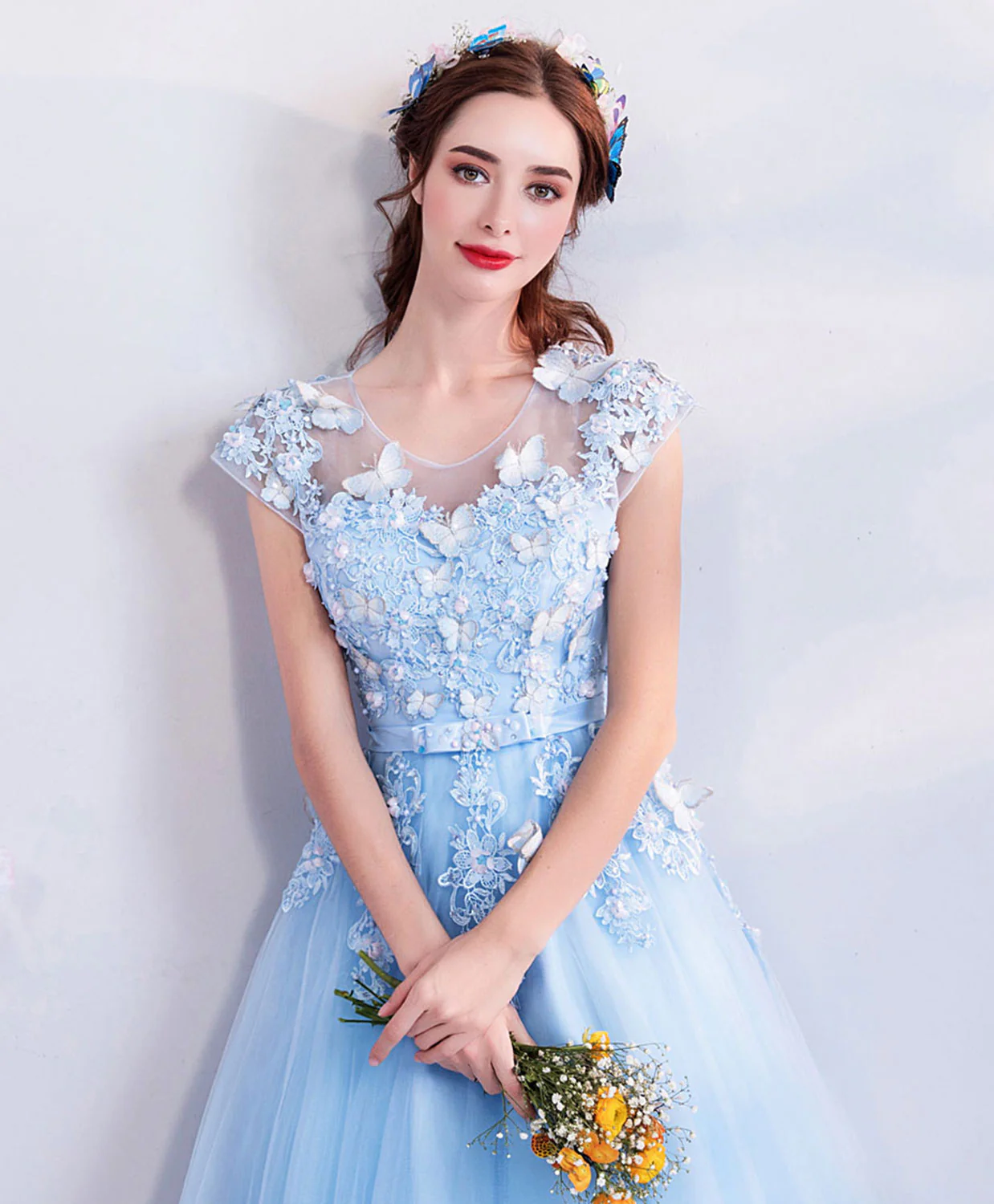 Sky Blue Lace Tulle Long Prom Dress, Blue Evening Dress