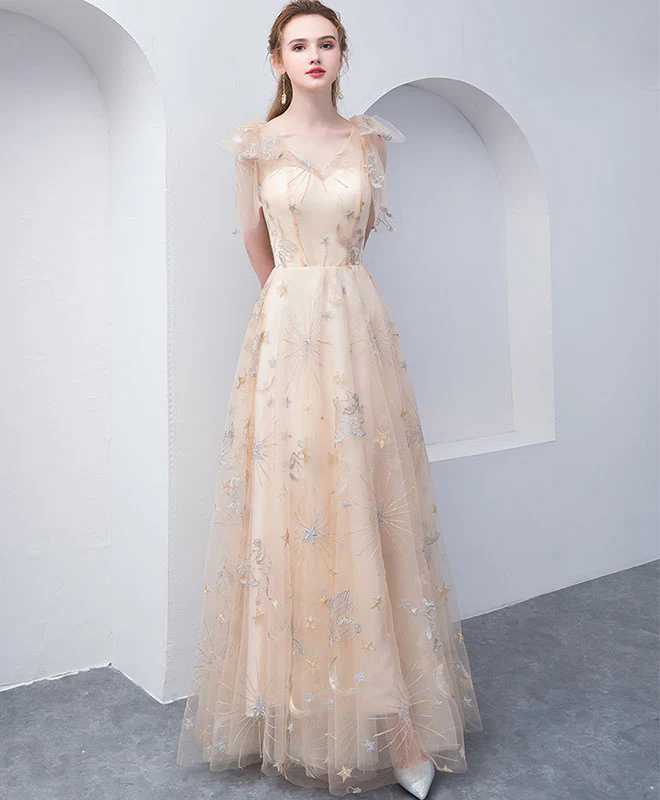 Champagne Tulle V Neck Long Prom Dress, Champagne Tulle Evening Dress