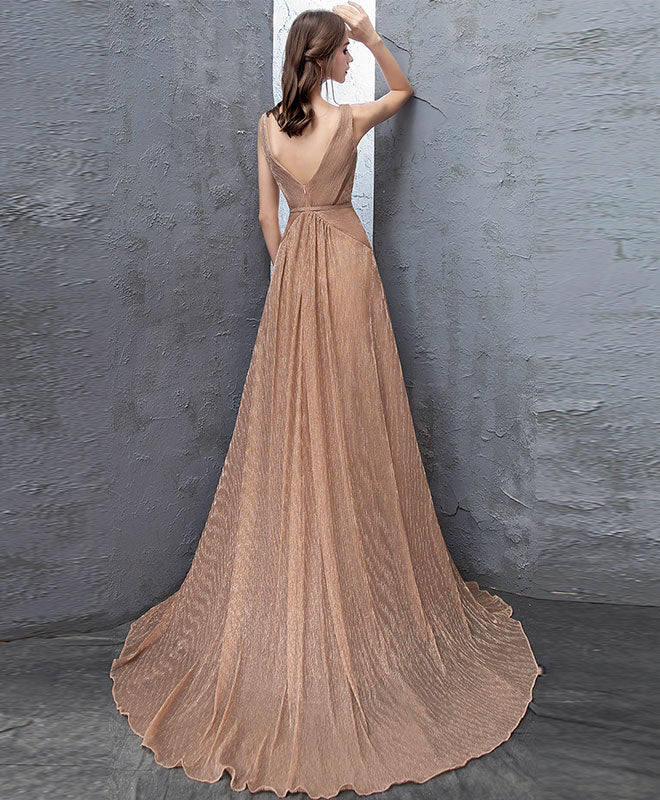 Unique Gold V Neck Tulle Long Prom Dress, Gold Tulle Evening Dress