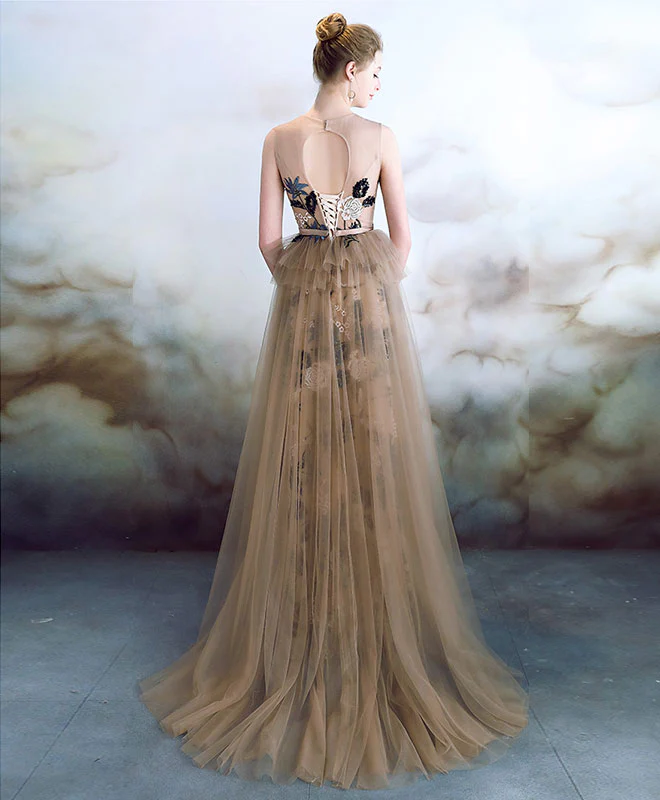 Unique Tulle Lace Long Prom Dress, Lace Applique Evening Dress