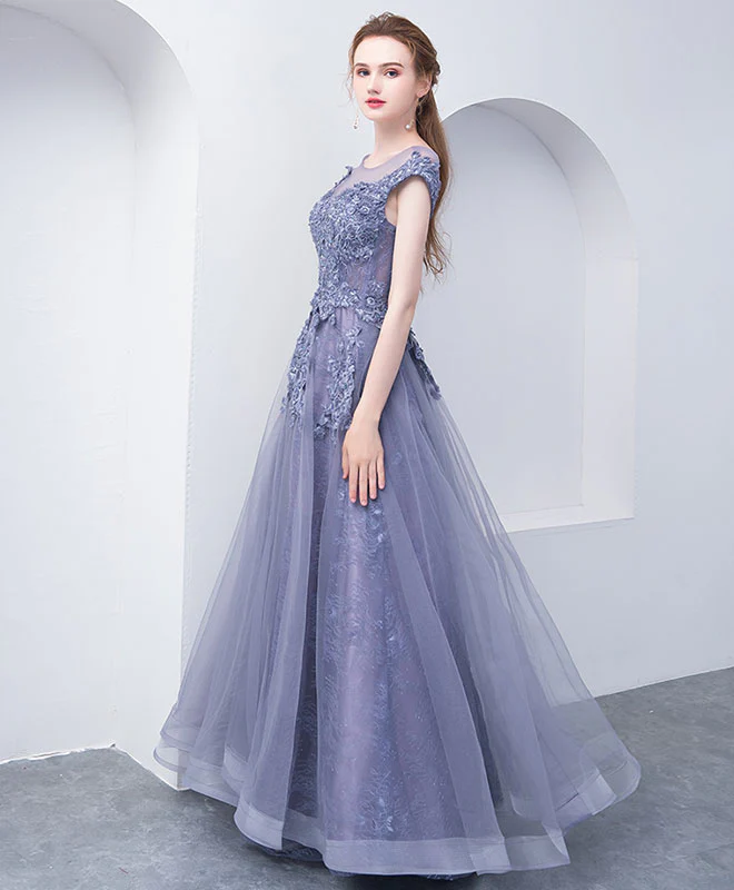 Gray Blue Round Neck Tulle Lace Long Prom Dress, Gray Blue Evening Dress