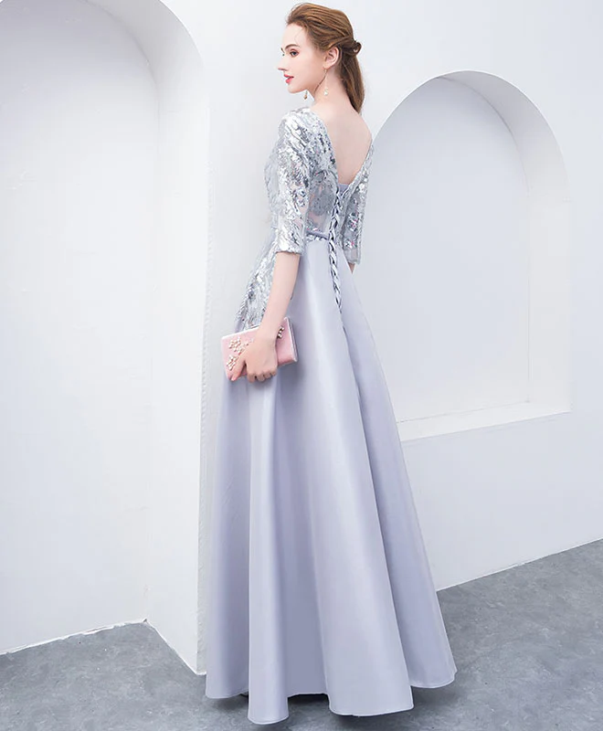Gray V Neck Sequin Long Prom Dress, Gray Evening Dress