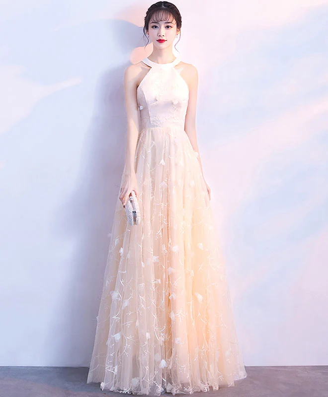 Champagne Lace Tulle Long Prom Dress, Champagne Evening Dress