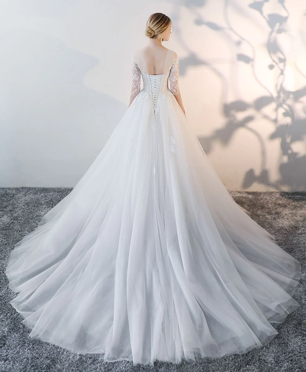 White Round Neck Tulle Lace Long Bridal Gown Lace Wedding Dress