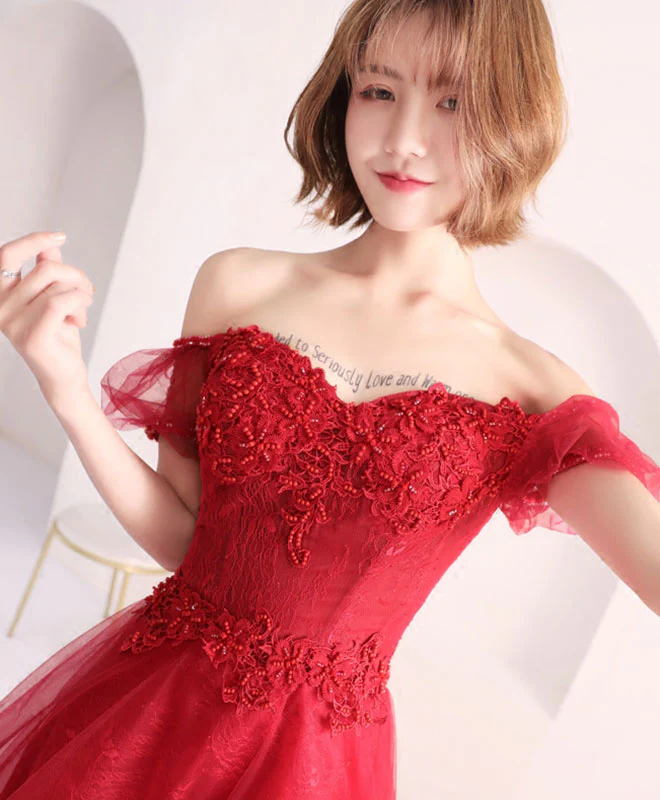 Burgundy Lace Short Prom Dress, Burgundy Evening Dress