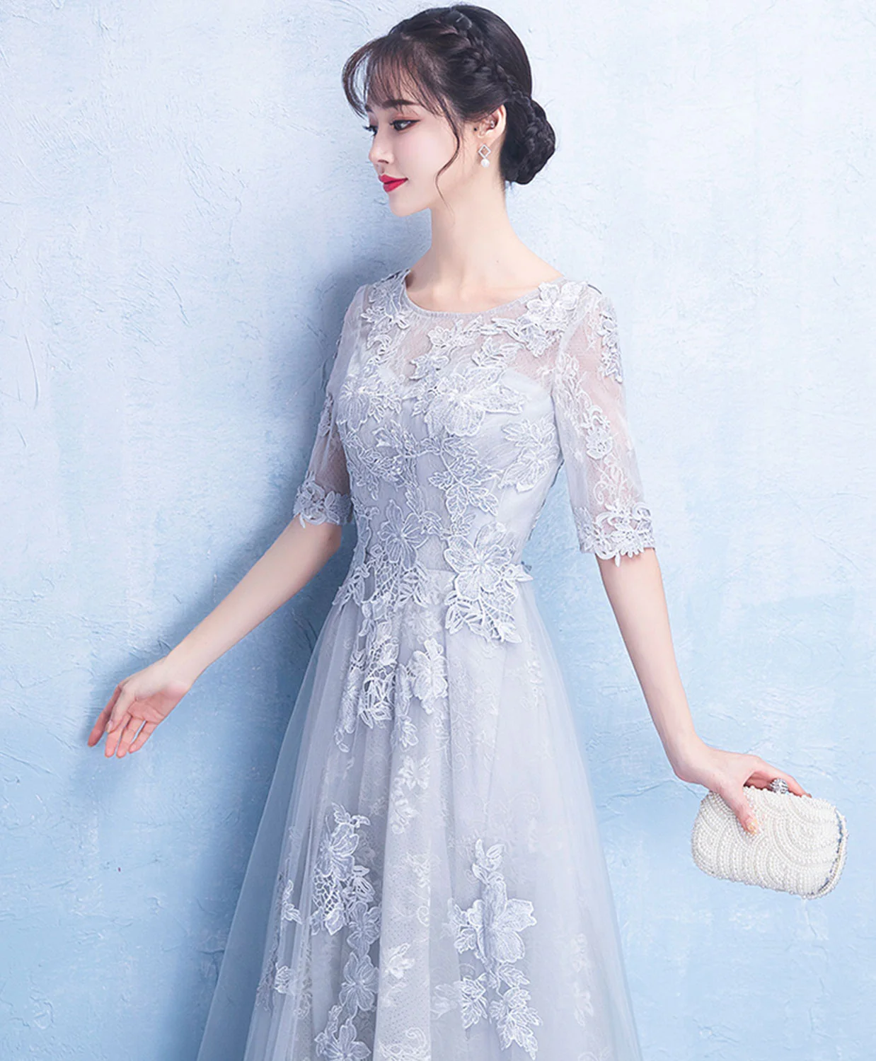 Gray Round Neck Tulle Lace Long Prom Dress, Gray Evening Dress