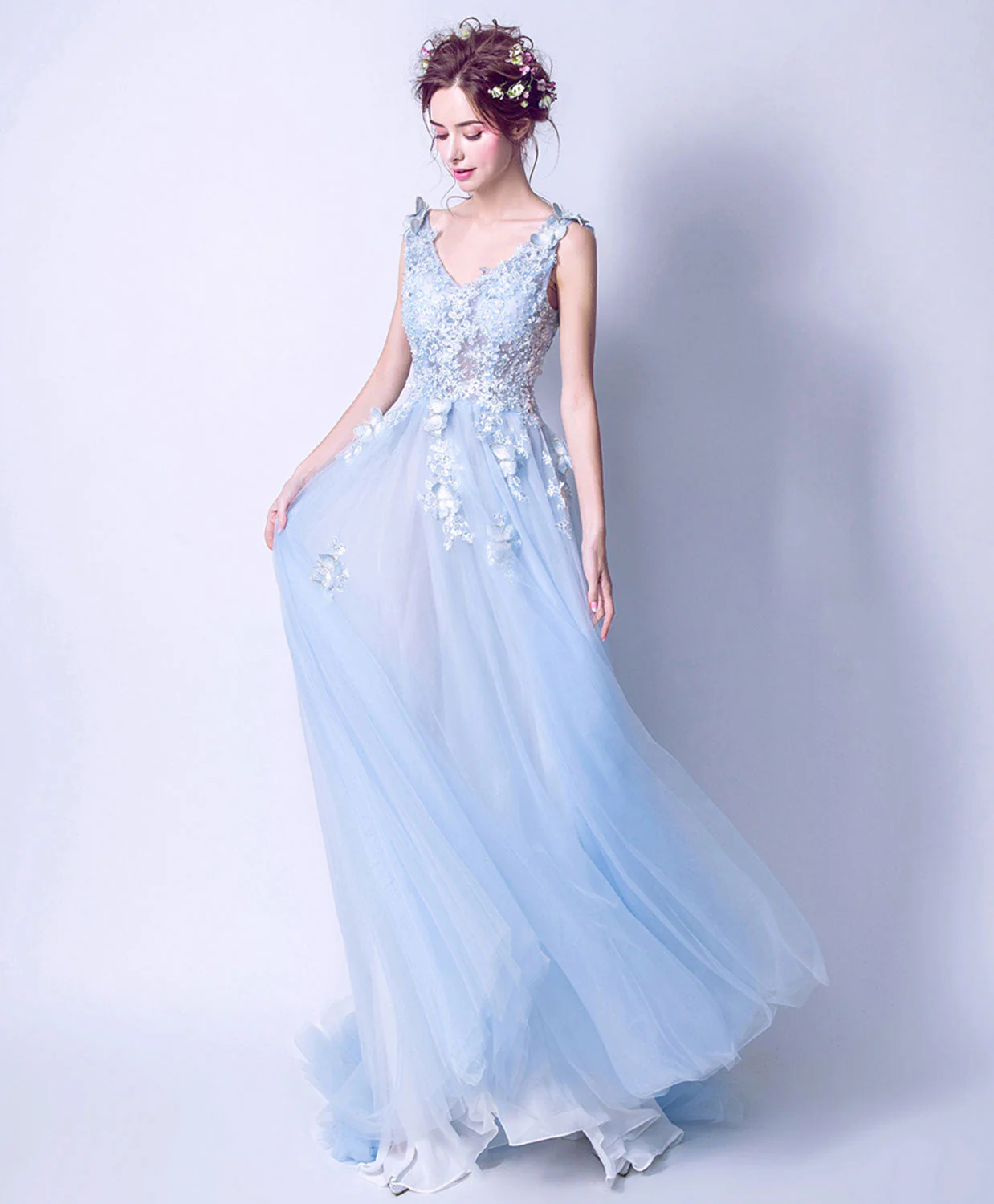 Blue V Neck Tulle Lace Long Prom Dress, Blue Evening Dress