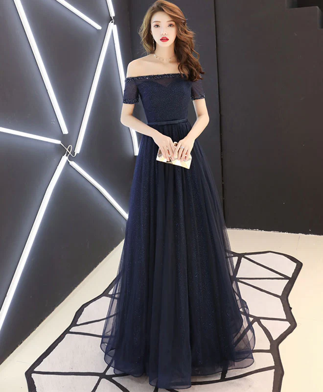Dark Blue Tulle Long Prom Dress, Blue Tulle Evening Dress