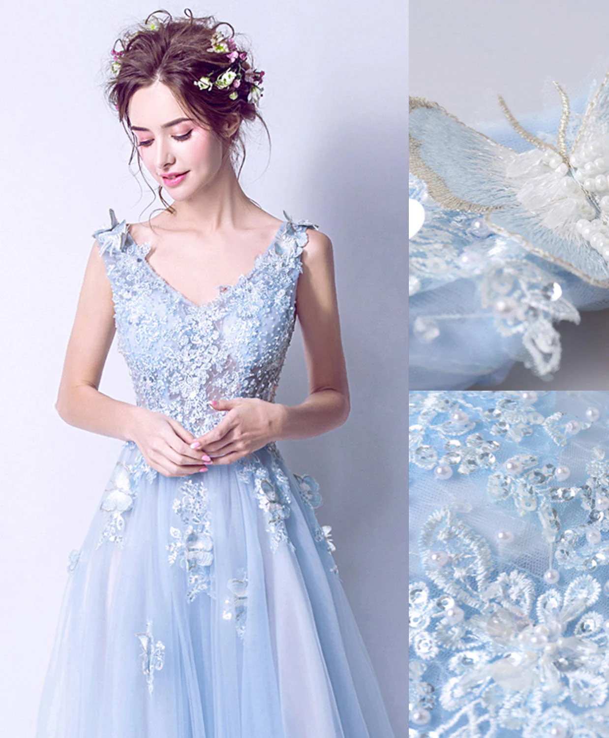 Blue V Neck Tulle Lace Long Prom Dress, Blue Evening Dress