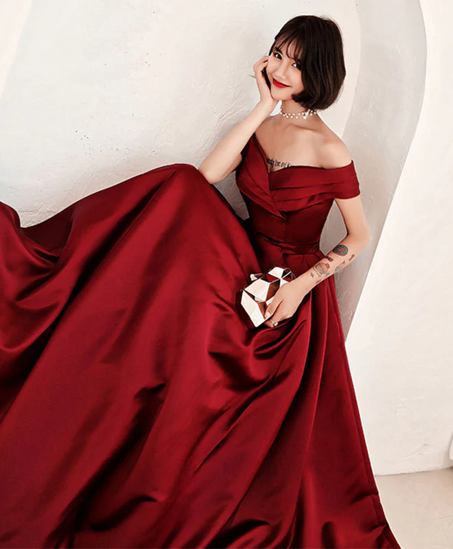 Burgundy V Neck Off Shoulder Long Prom Dress, Evening Dress