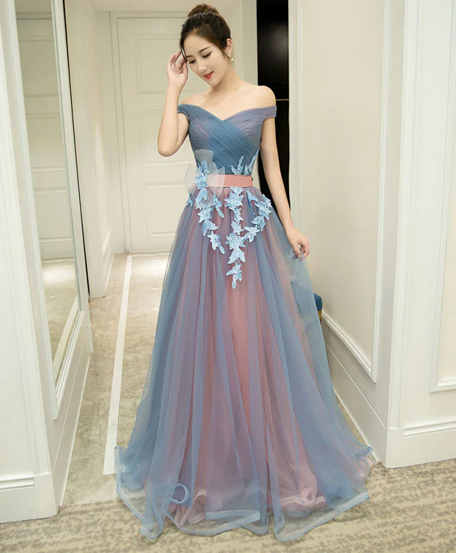 Gray Blue Tulle Off Shoulder Long Prom Dress, Gray Blue Evening Dress