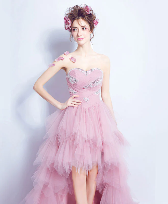 Pink Sweetheart Tulle High Low Prom Dress, Pink Evening Dress