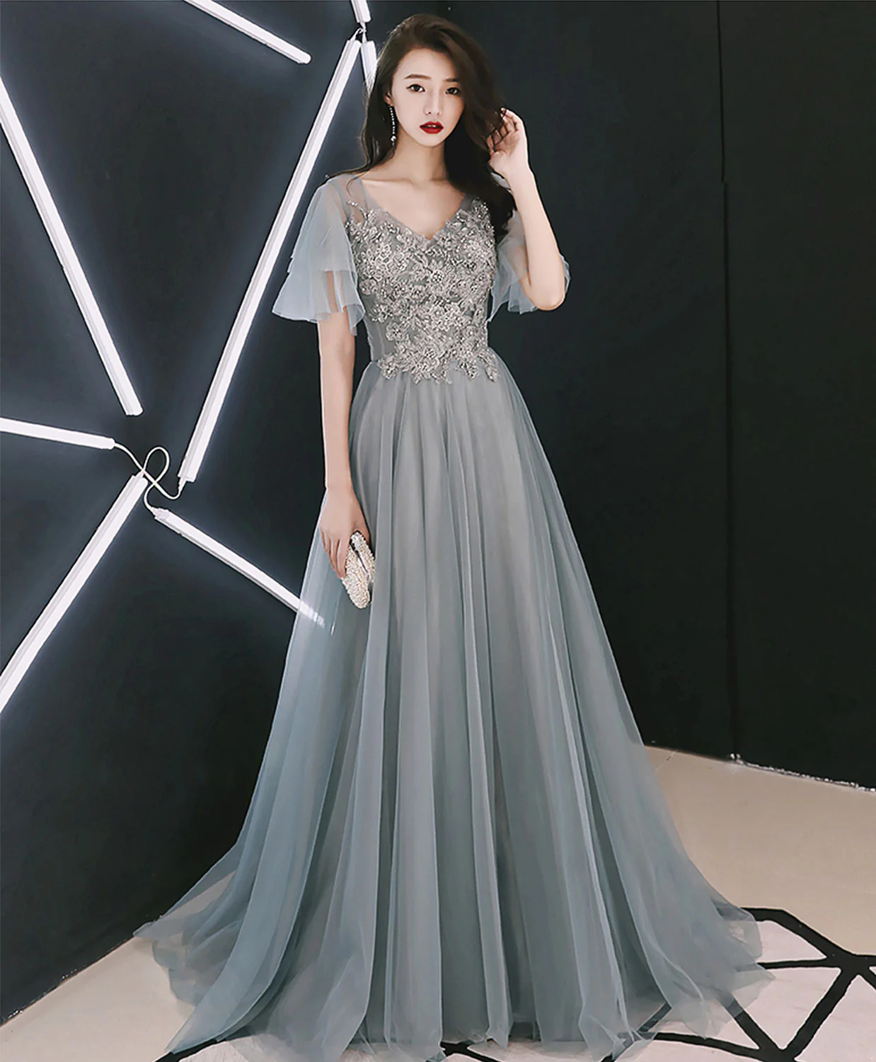 Gray V Neck Cap Sleeve Tulle Lace Long Prom Dress, Evening Dress