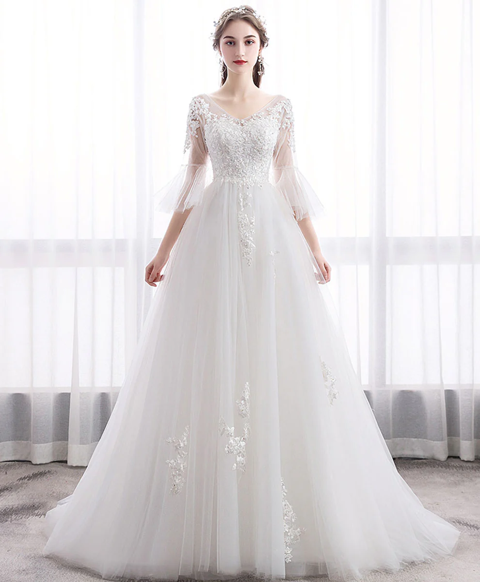 White V Neck Tulle Lace Long Wedding Dress, Lace Bridal Dress