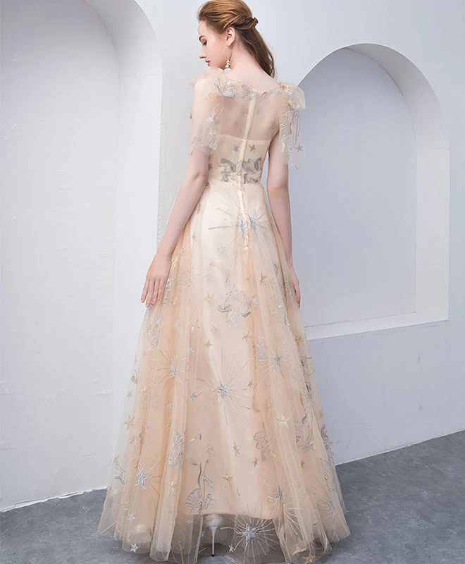 Champagne Tulle V Neck Long Prom Dress, Champagne Tulle Evening Dress