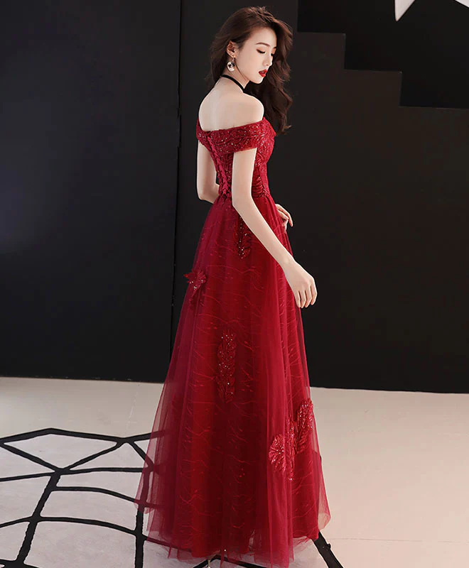 Burgundy Tulle Lace Off Shoulder Prom Dress, Burgundy Evening Dress